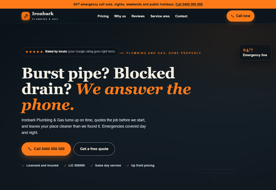 The Ironbark Plumbing and Gas template