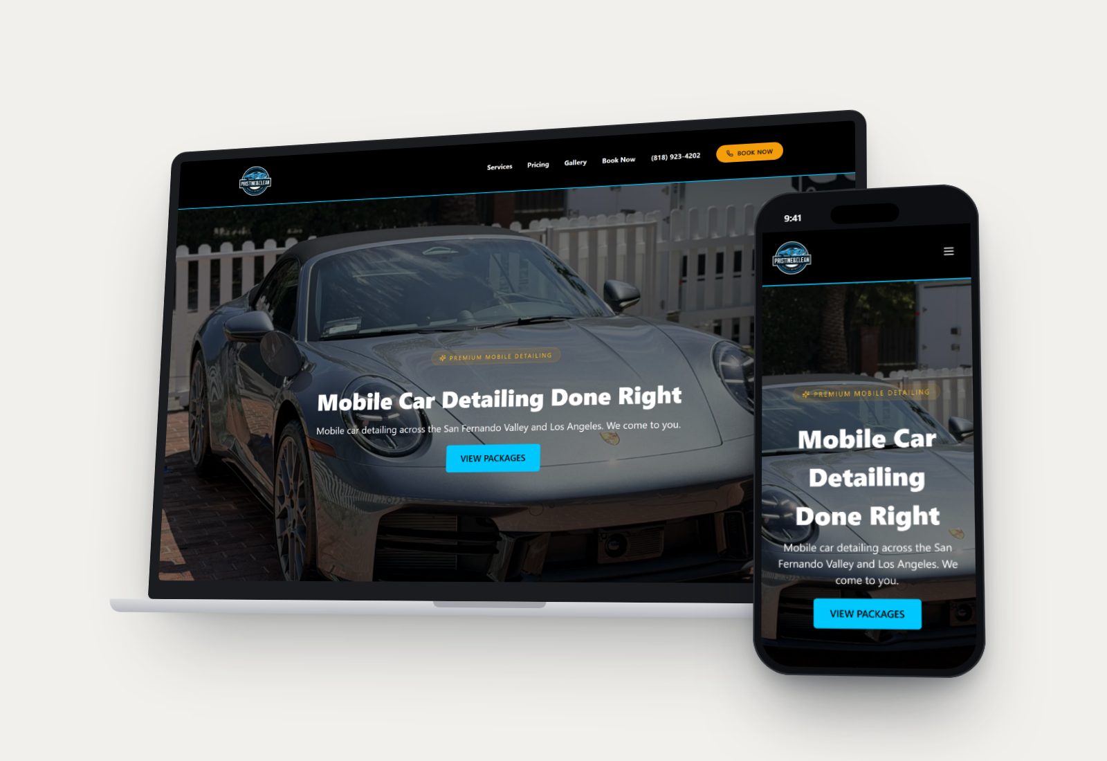 The Pristine and Clean Mobile Detailing website on a laptop and a phone